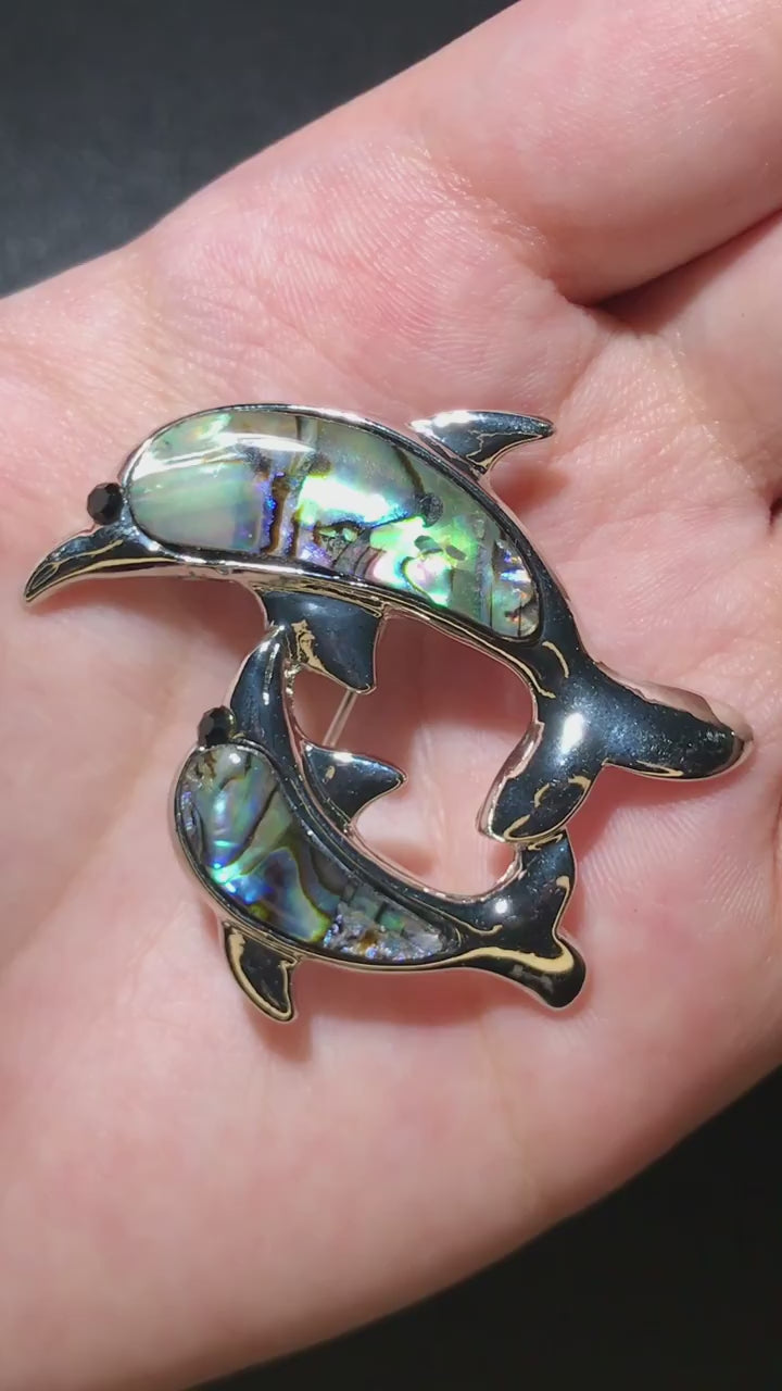 Dolphin Pair Brooch with Abalone Shell Inlay