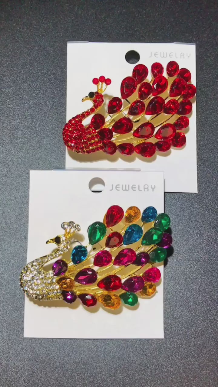 Peacock Brooch with Side-Facing Design | Crystals in 6 Colors