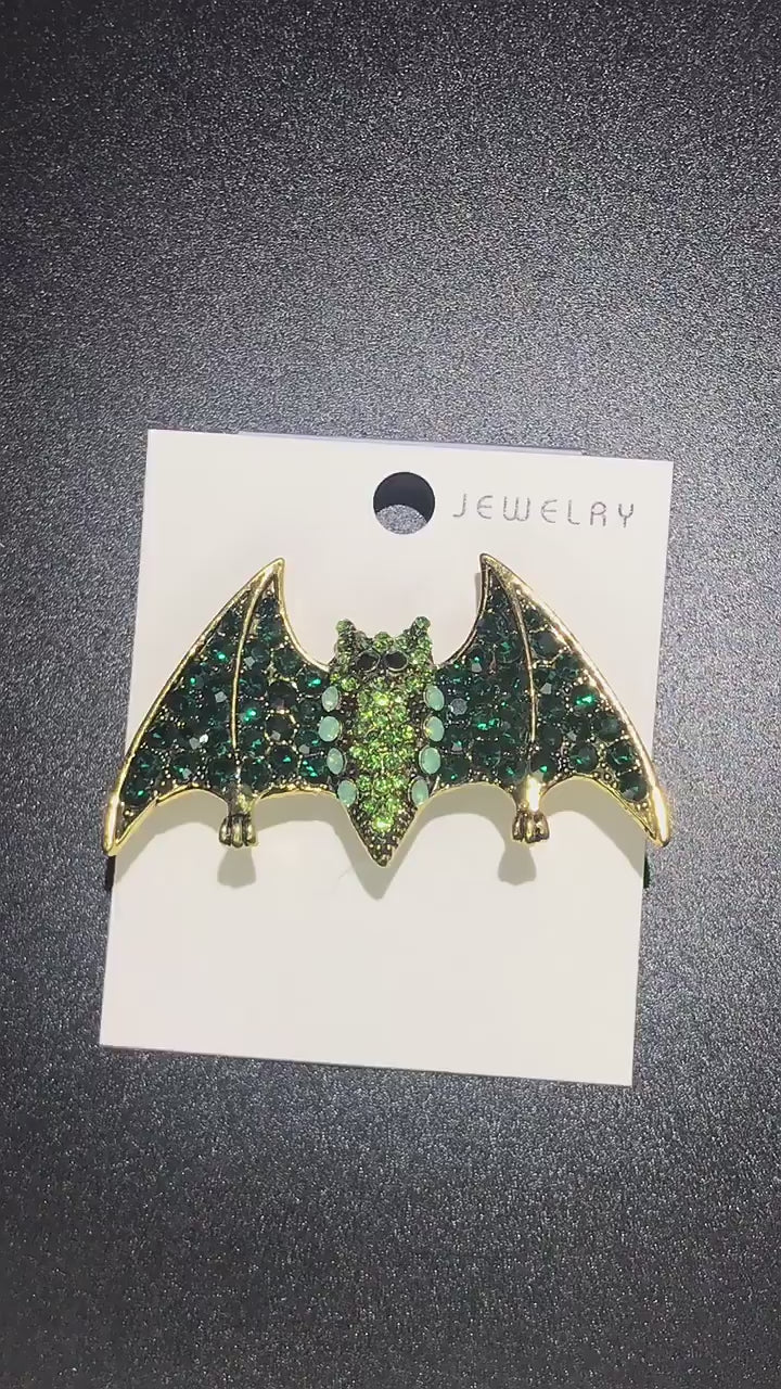 Bat Brooch | Black or Green Rhinestones