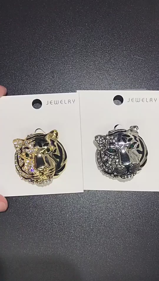 Tiger Brooch with Half-Rhinestone Face | Gold or Silver-Tone