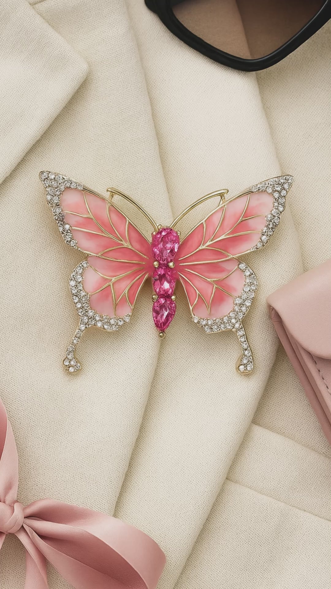 Butterfly Brooch with Colorful Enamel Wings & Crystal Body | Pink, Blue or Green