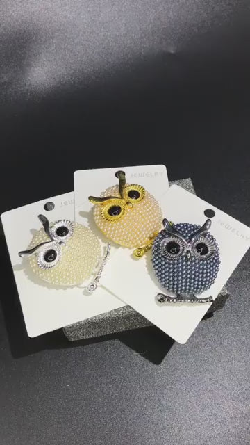 Owl Brooch with Beaded Faux Pearl Body on Perch | Gold, Silver, White or Black Colors