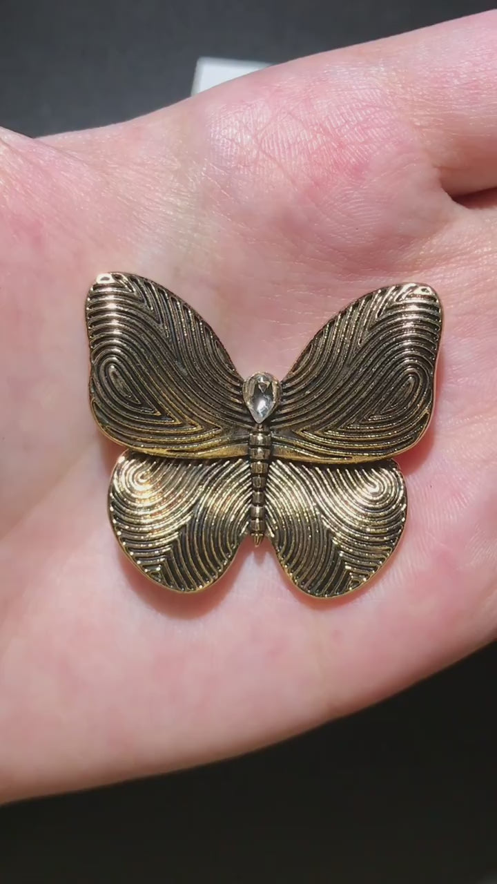 Butterfly Brooch with Etched Swirl Wings & Crystal Center | Gold or Silver Tone