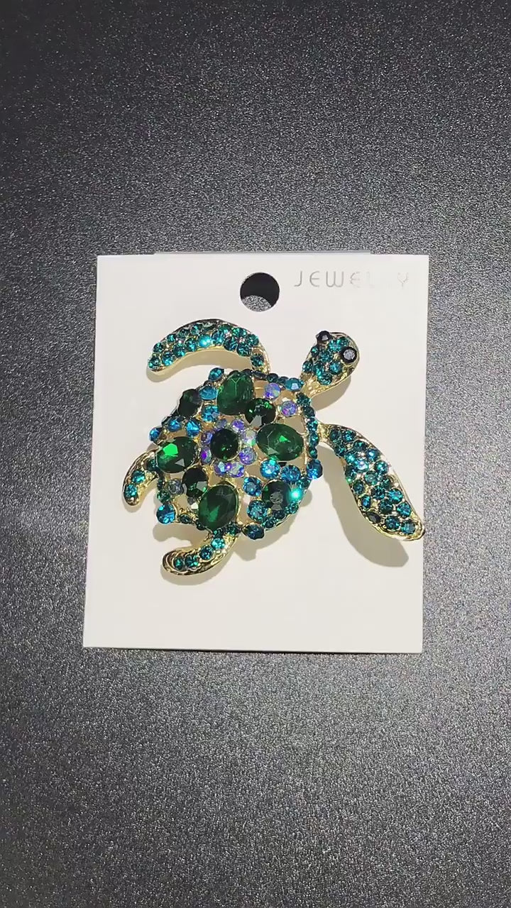 Sea Turtle Brooch with Crystals | Green or Blue