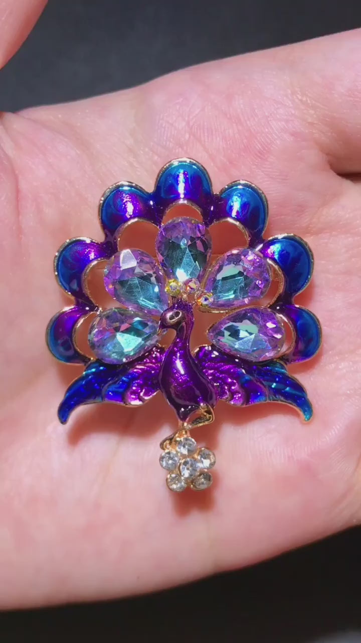 Colorful Peacock Brooch with Crystal Flower Drop | Purple or Green