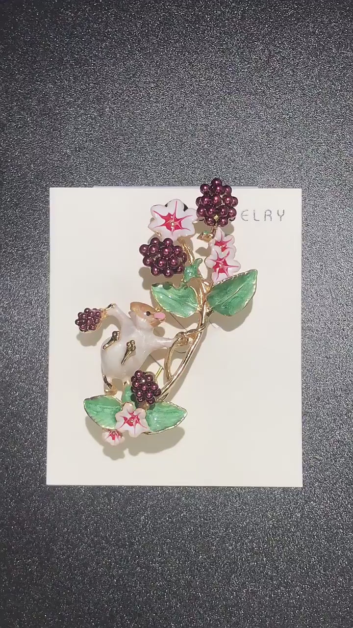 Mouse Brooch with Enamel Berries and Flowers