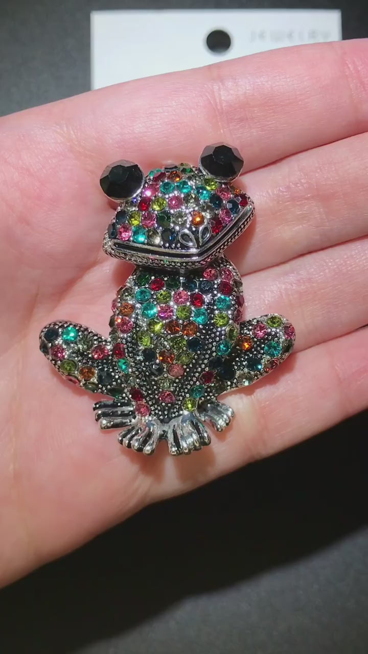 Frog Brooch with Crystals & Smiling Vintage Design | Four Colors