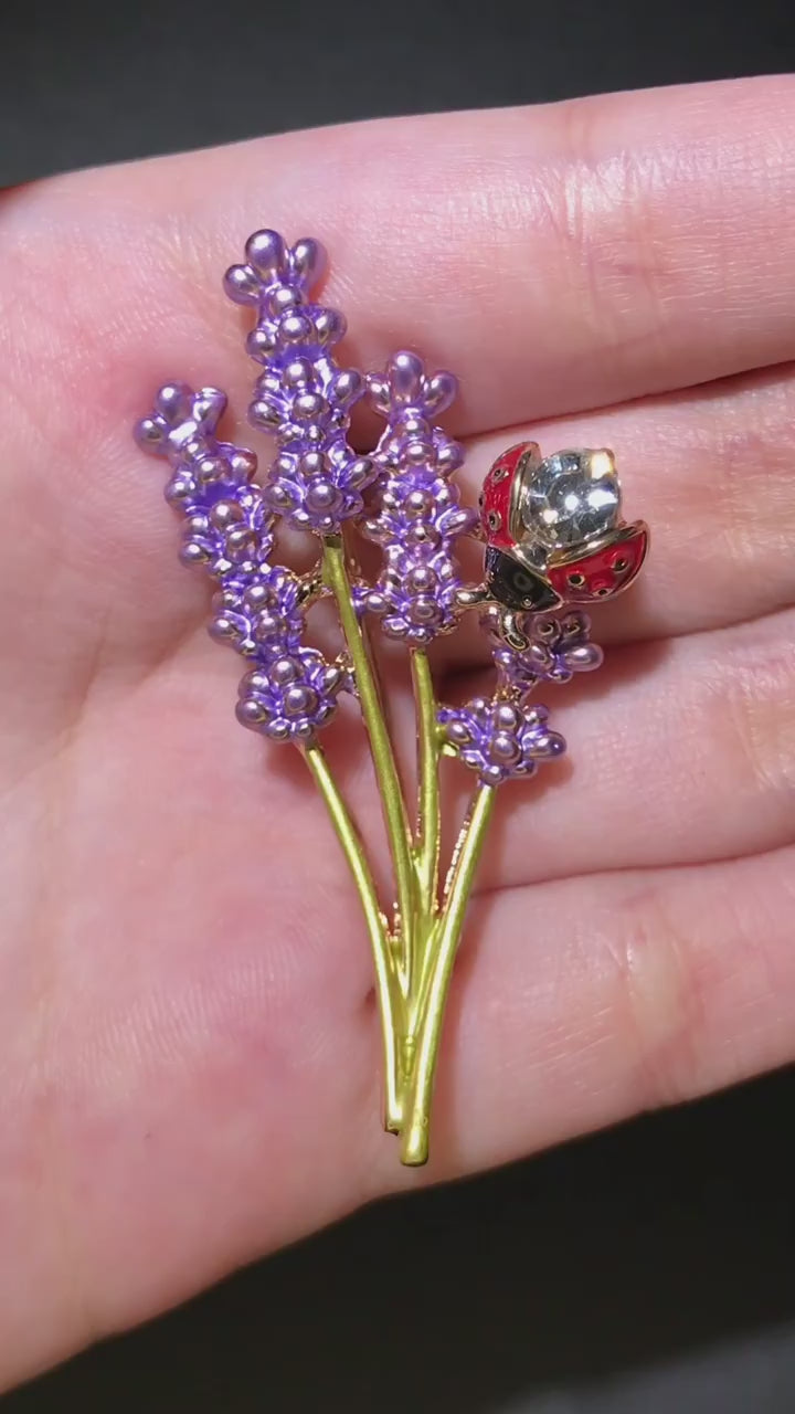 Ladybug on Lavender Brooch | Enamel & Crystal