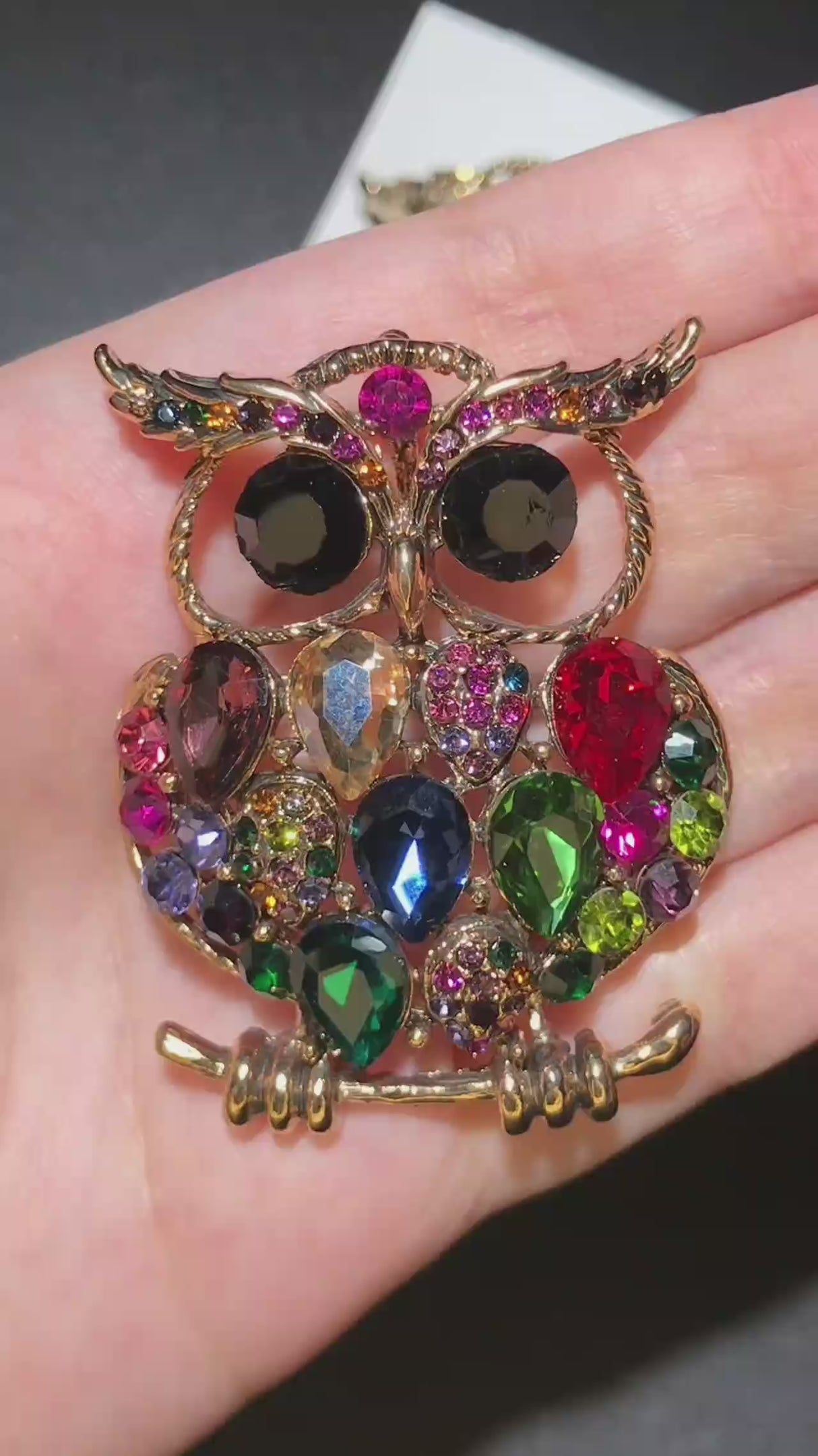 Perched Owl Brooch with Colorful Teardrop Stones | Green, Blue, Beige, or Multicolor