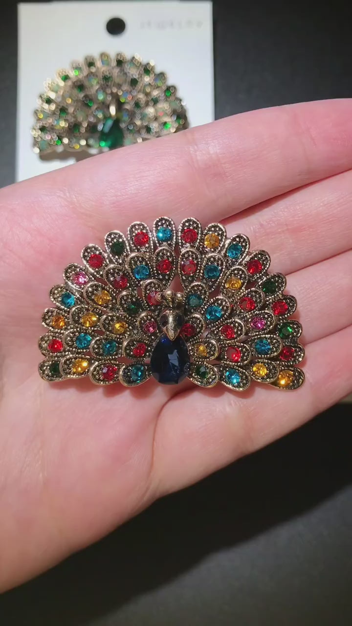 Vintage-Style Peacock Brooch with Crystals | Six Colors