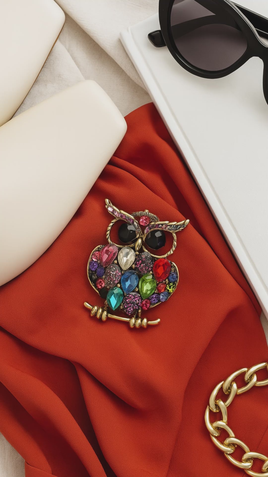 Perched Owl Brooch with Colorful Teardrop Stones | Green, Blue, Beige, or Multicolor