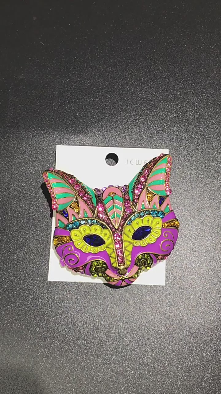 Cat Mask Brooch | Multicolor Enamel & Crystals