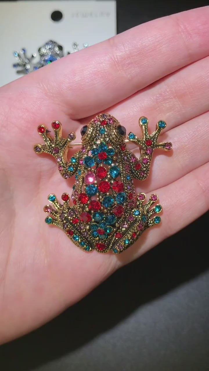 Frog Brooch with Colorful Crystal Back | Red, Blue or Green
