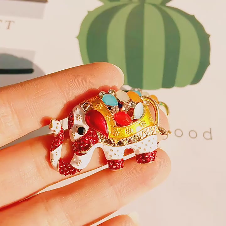 Colorful Elephant Brooch with Rhinestones | Blue-Green and Gold-Red Enamel