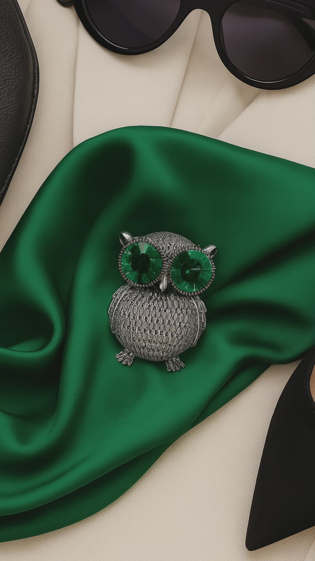 Owl Brooch with Green Eyes and Textured Metal  | Antique Silver or Gold Toned
