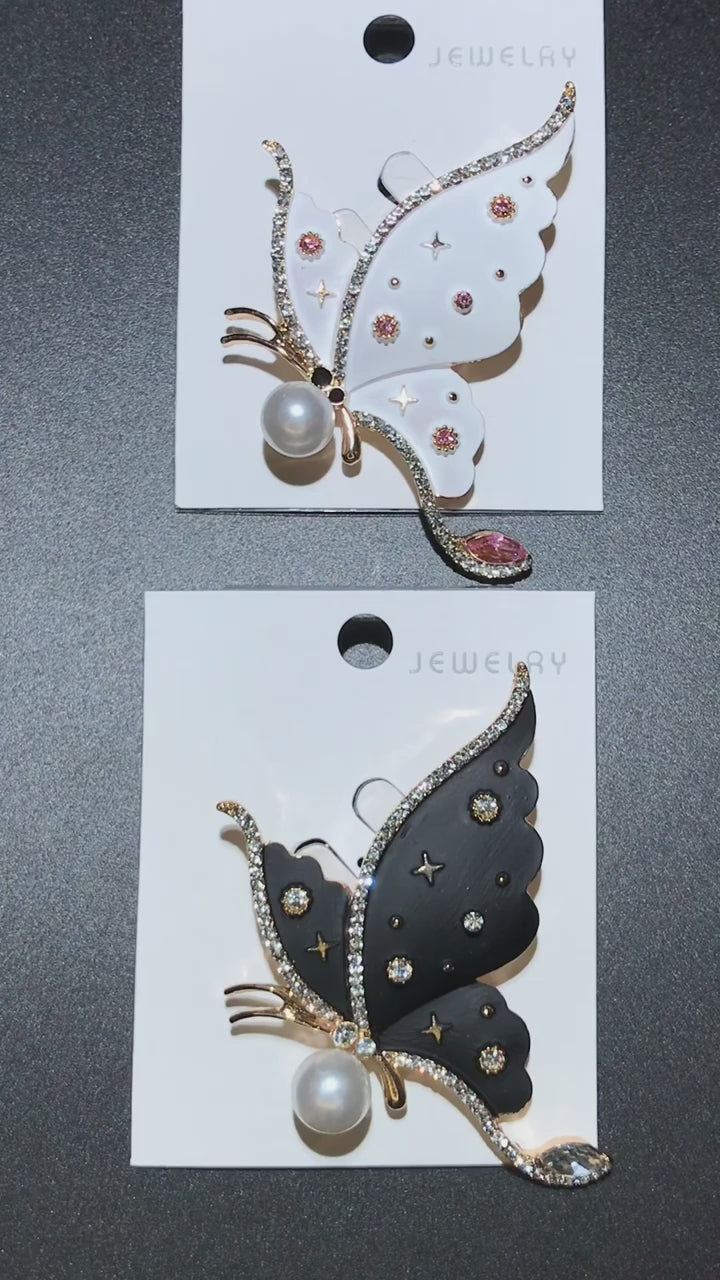 Butterfly Brooch with Faux Pearl and Crystal Stars | Black or White