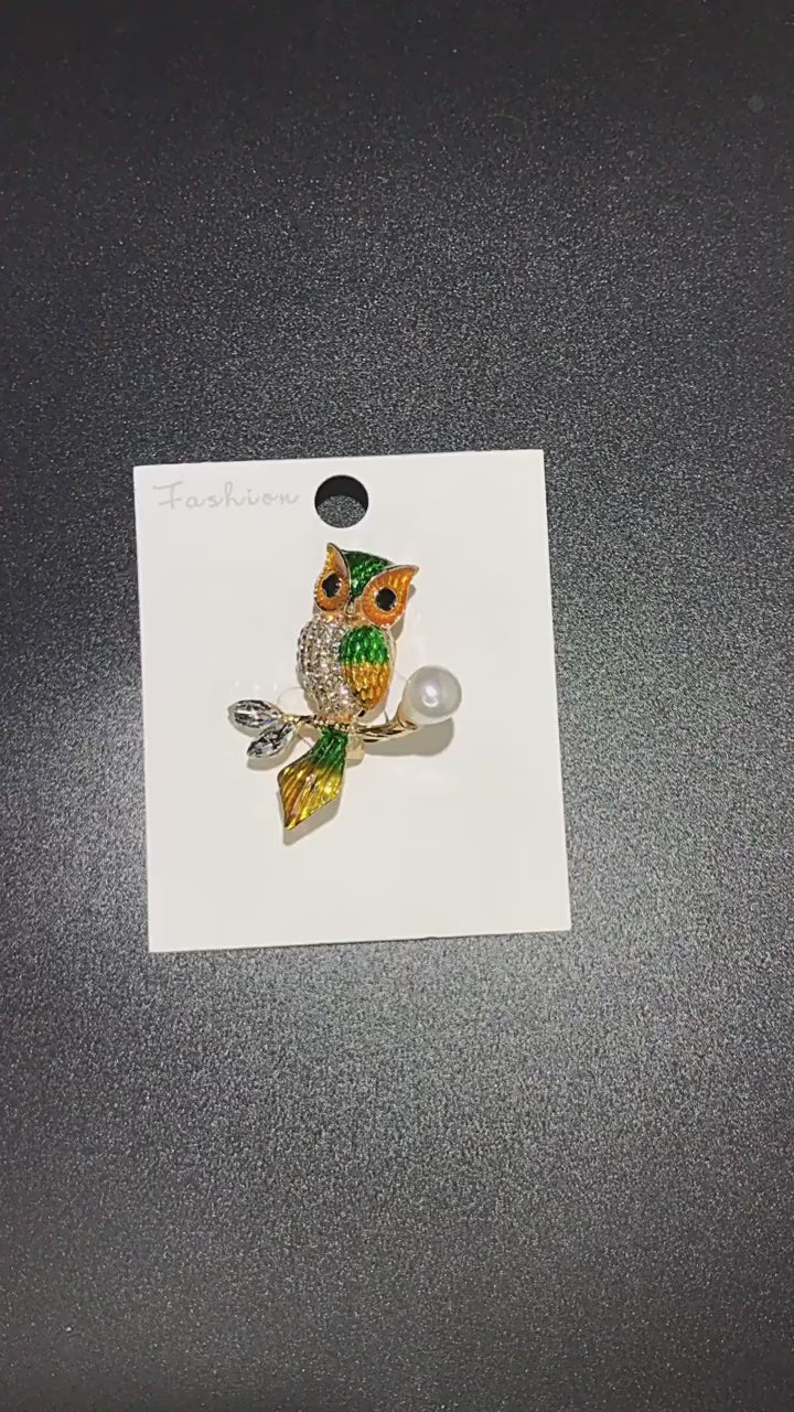 Owl Brooch Perched on Branch with Faux Pearl | Orange or Green