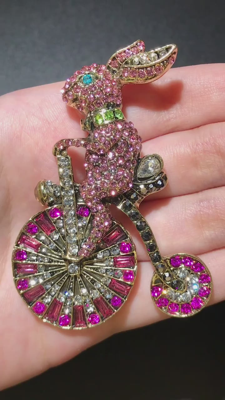 Rabbit Brooch on Bicycle | Pink Crystals
