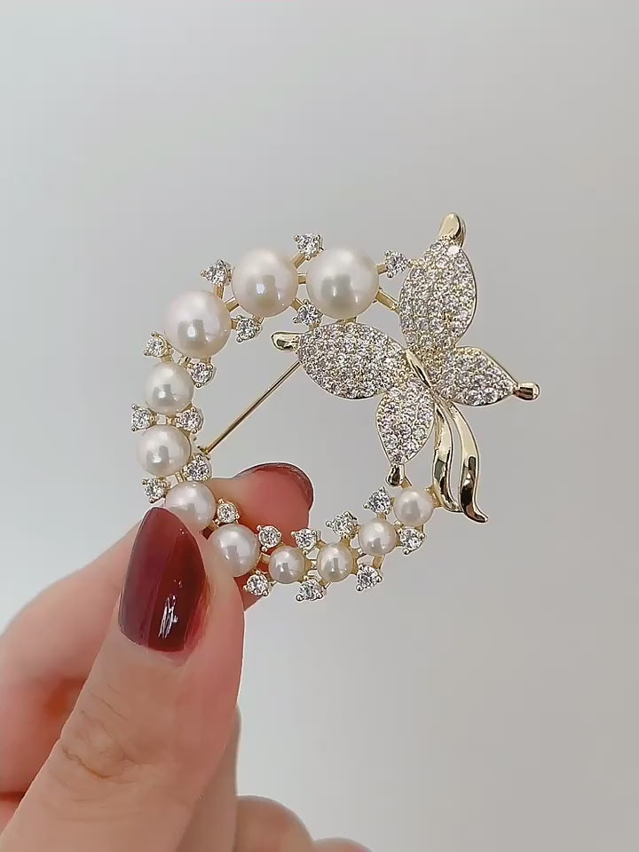 Butterfly Brooch with Faux Pearl Circle | Gold or Silver Tone with Crystals