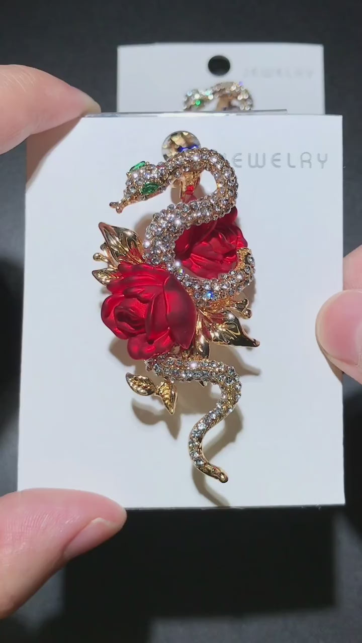 Snake Brooch with Roses | Red or Blue