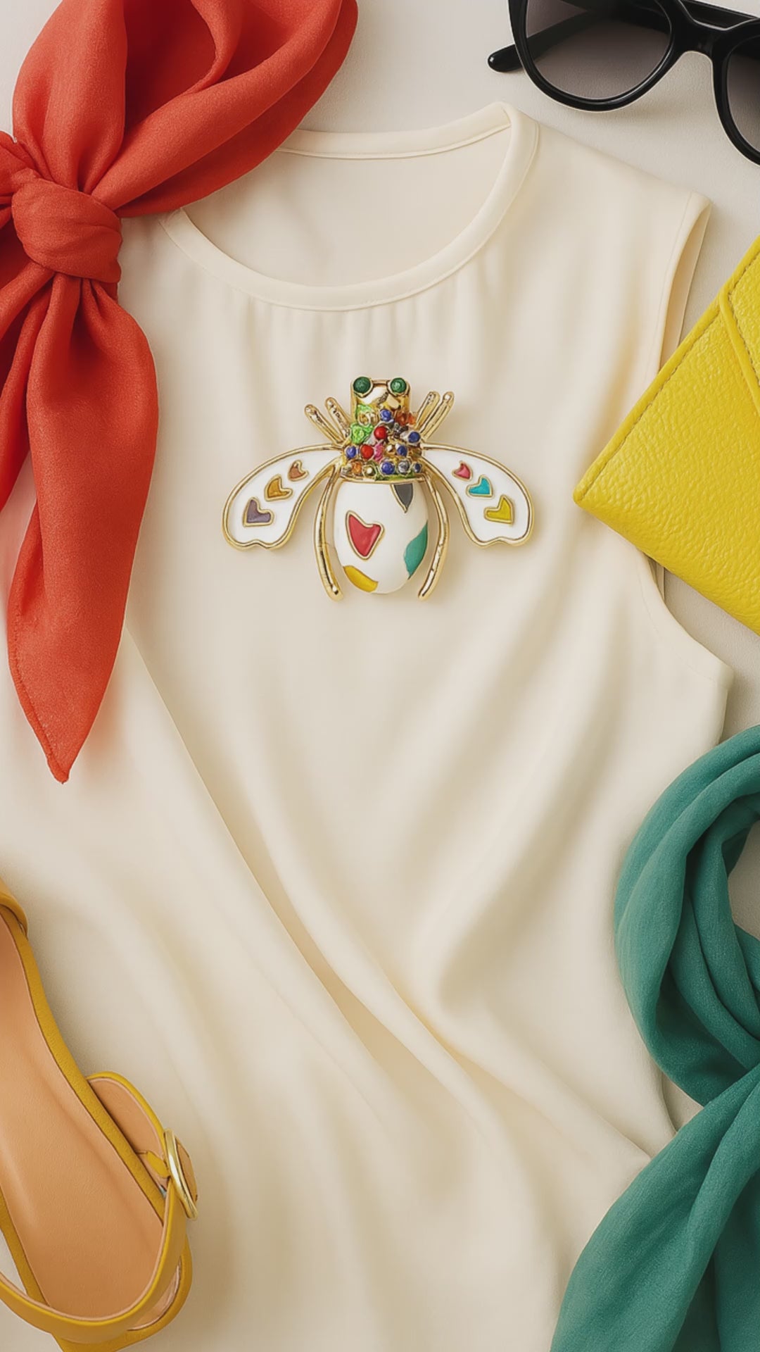 Bee Brooch with Multicolor Hearts | Black or White