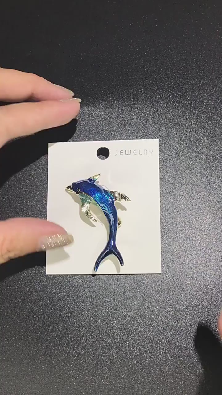 Dolphin Brooch with Blue Enamel Finish  | Gold Tone Details