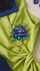 Colorful Peacock Brooch with Crystal Flower Drop | Purple or Green