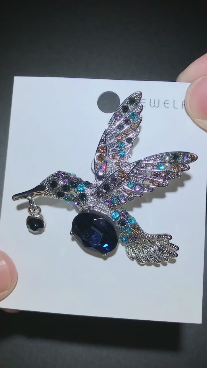 Hummingbird Brooch with Large Center Stone and Drop | Red and Blue