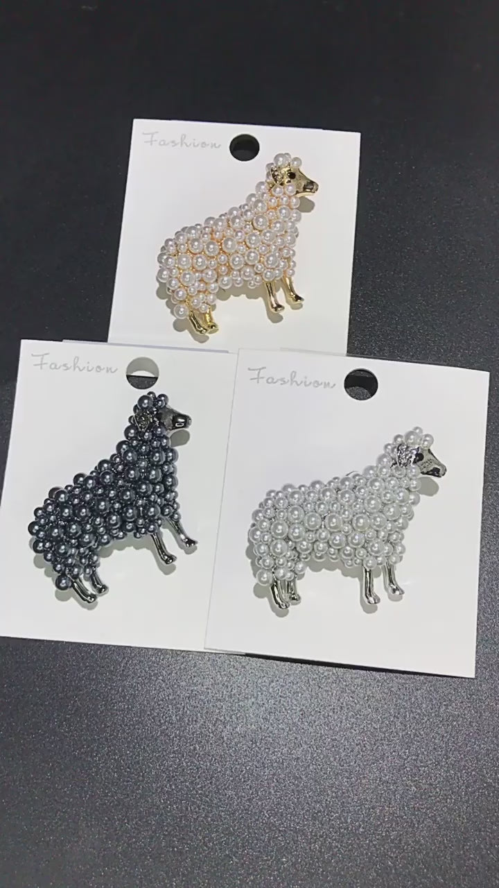 Sheep Brooch with Faux Pearls | Black & White  | Gold & Silver Tone