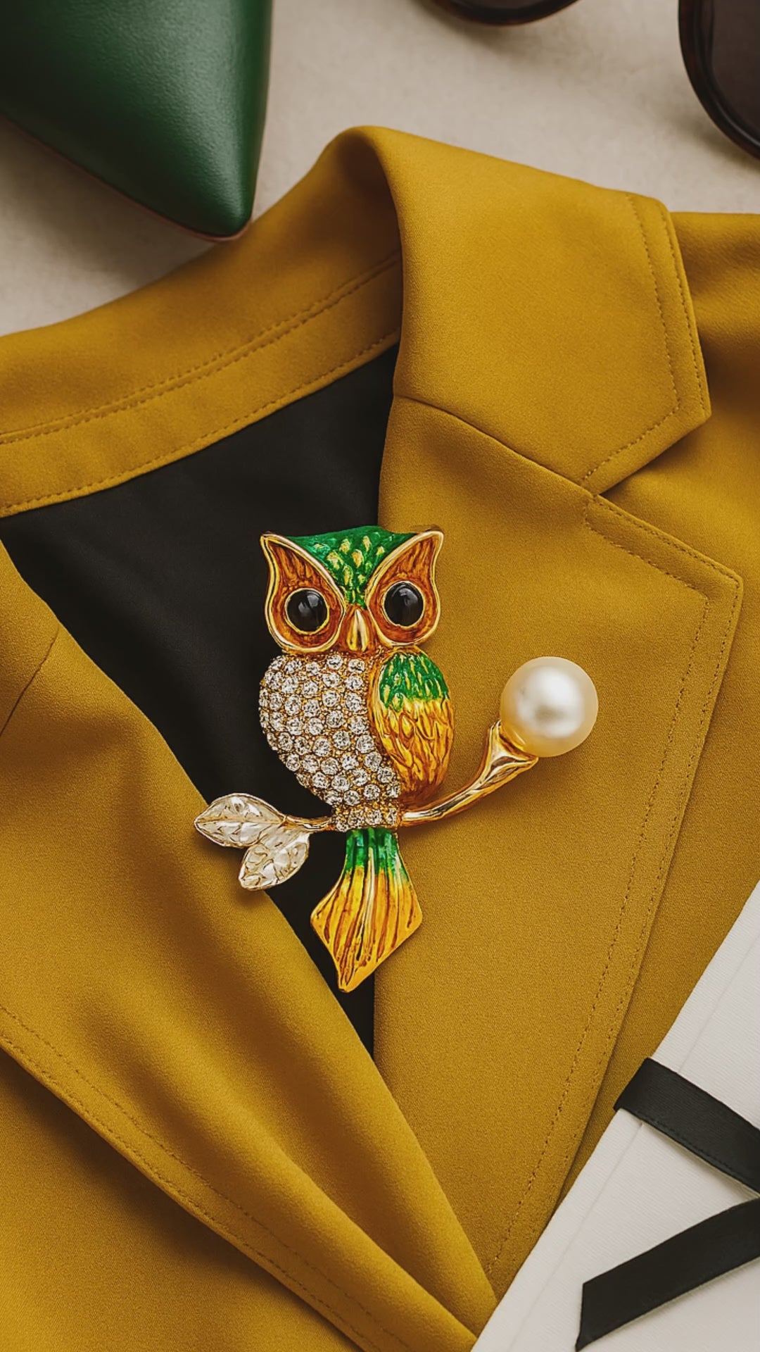 Owl Brooch Perched on Branch with Faux Pearl | Orange or Green
