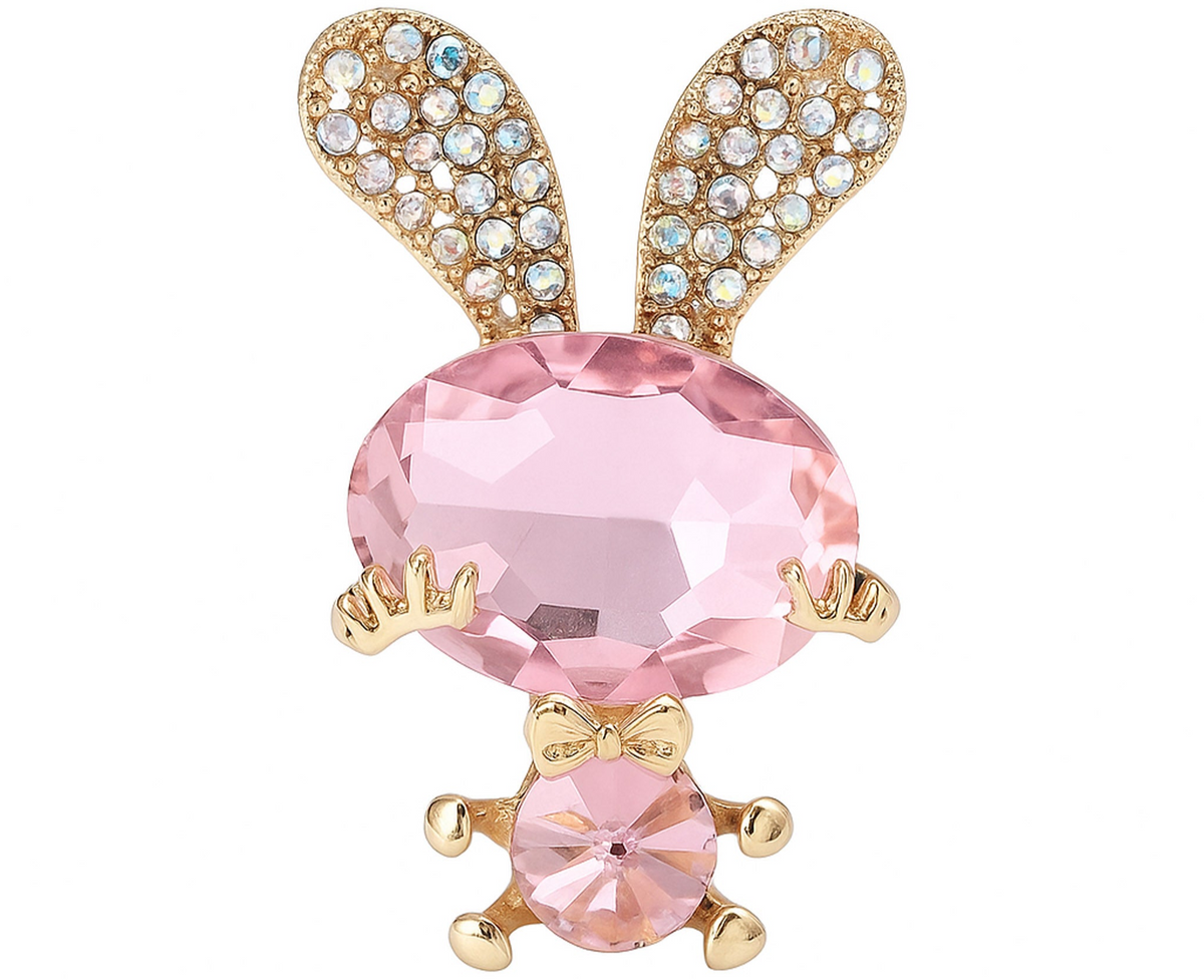 Bunny brooch with pink faceted stones, gold-tone limbs and bow, and crystal-studded ears, cutout on white background. Landscape crop for secondary use.