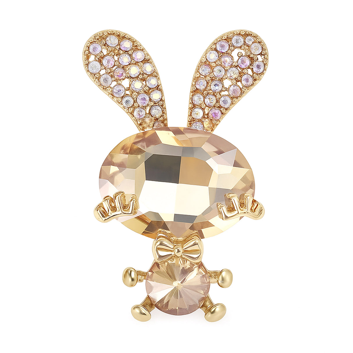 Bunny brooch with beige faceted stones, gold-tone limbs and bow, and pave ears, cutout on white.