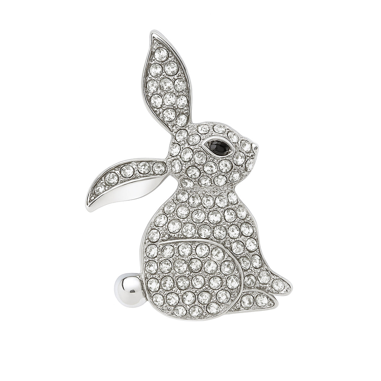 Bunny brooch in silver-tone metal with clear faceted stones and black eye detail, cutout on white background.