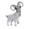Ram brooch in silver-tone metal with white faux-pearl body and clear faceted stones on face, cutout on white.