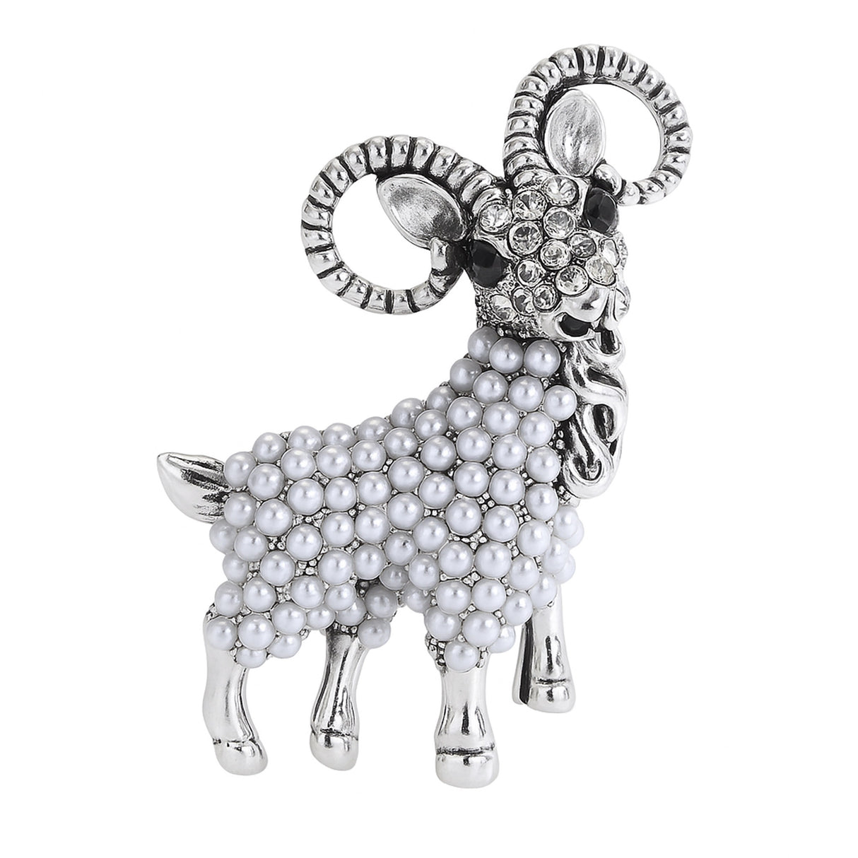 Ram brooch in silver-tone metal with white faux-pearl body and clear faceted stones on face, cutout on white.