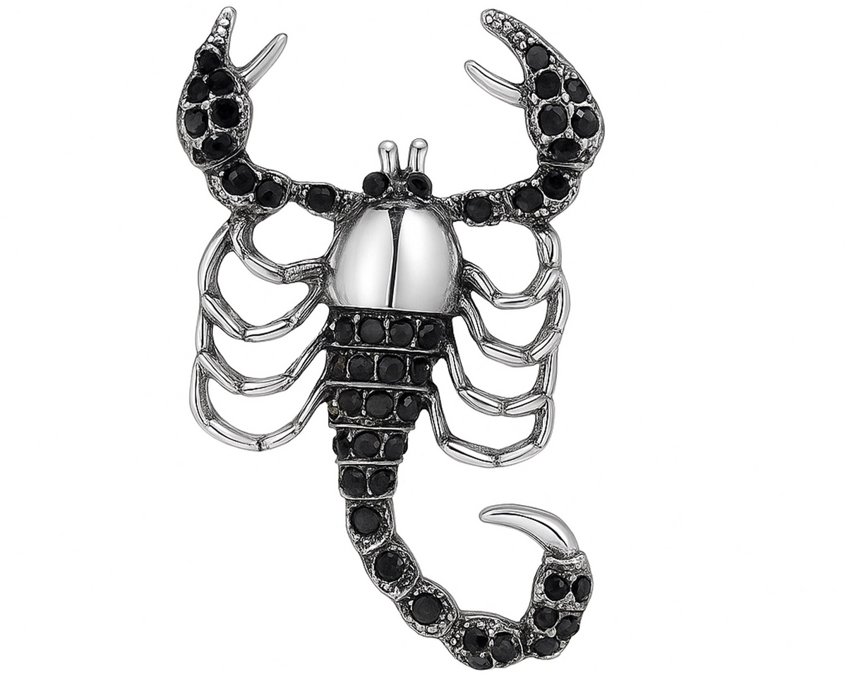 Scorpion brooch with silver-tone finish, black faceted stones, and segmented tail, isolated on white background. Landscape crop for secondary use.