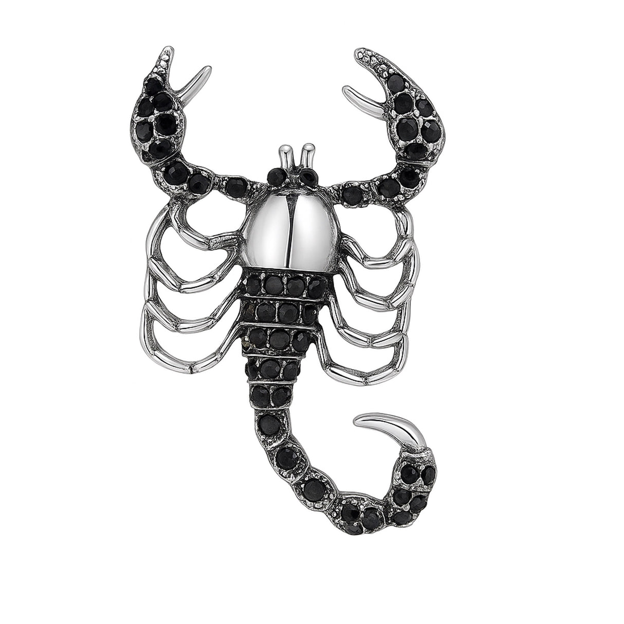 Scorpion brooch with silver-tone finish, black faceted stones, and segmented tail, isolated on white background.