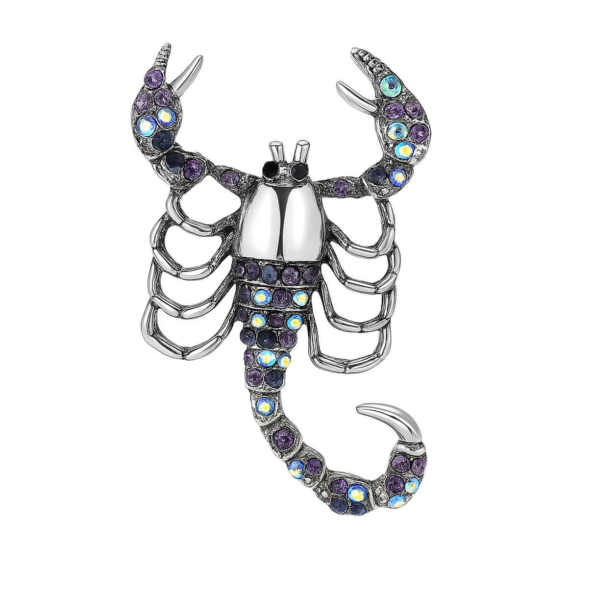 Scorpion brooch with silver-tone body, purple-blue iridescent stones, and raised claws, isolated on white background.