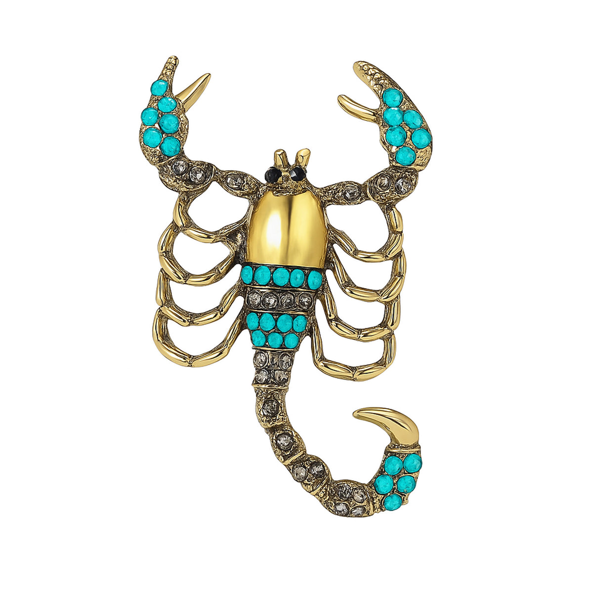 Scorpion brooch with gold-tone base, teal decorative stones, and clear accents, isolated on white background.