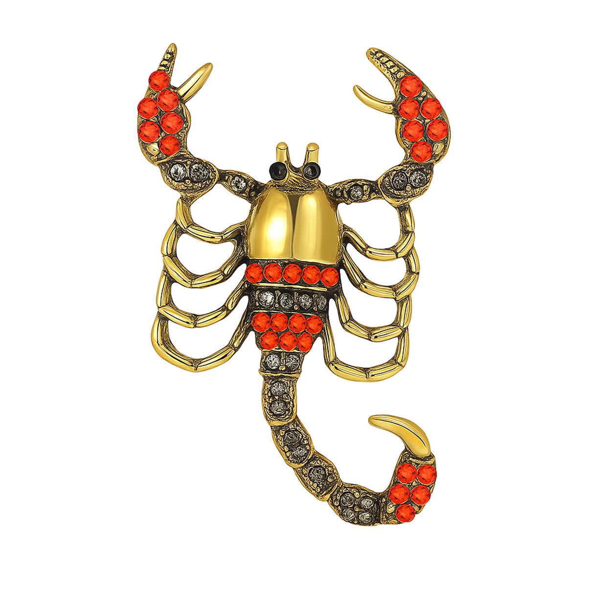Scorpion brooch with gold-tone finish, orange faceted stones, and clear stone detailing, isolated on white background.