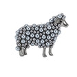 Sheep brooch with gray-tone metal and round beads, small clear stones on ear. Cutout on white background.