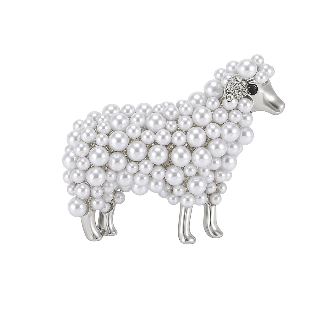 Sheep brooch with silver-tone metal, white round beads, and clear accent stones on ear, cutout on white background.