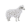 Sheep brooch with silver-tone metal, white round beads, and clear accent stones on ear, cutout on white background.