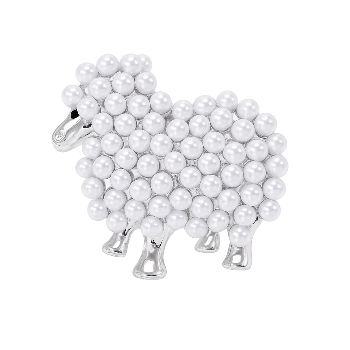 Sheep brooch with silver-tone metal and white round beads forming a compact wool-like texture, cutout on white.