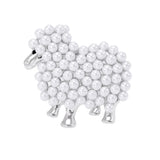 Sheep brooch with silver-tone metal and white round beads forming a compact wool-like texture, cutout on white.
