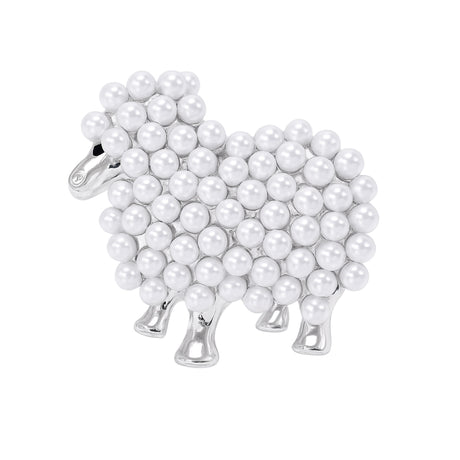 Sheep brooch with silver-tone metal and white round beads forming a compact wool-like texture, cutout on white.