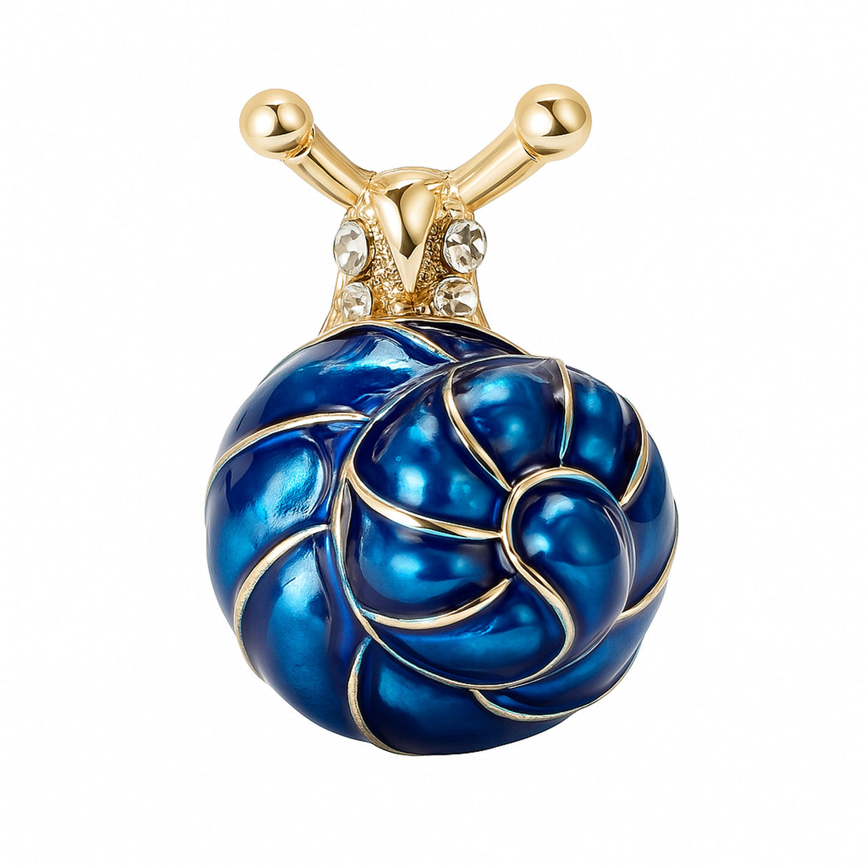 Snail brooch with blue-toned spiral shell, gold-tone metal body, and clear faceted stones, cutout on white background.