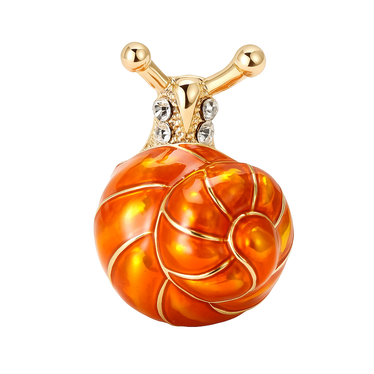 Snail brooch with orange-toned enamel spiral shell, gold-tone metal body, and clear accent stones, cutout on white background.