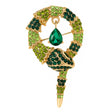 Snake brooch with gold-tone metal base, faceted stones in dark and light green tones, and green teardrop pendant, cutout on white.