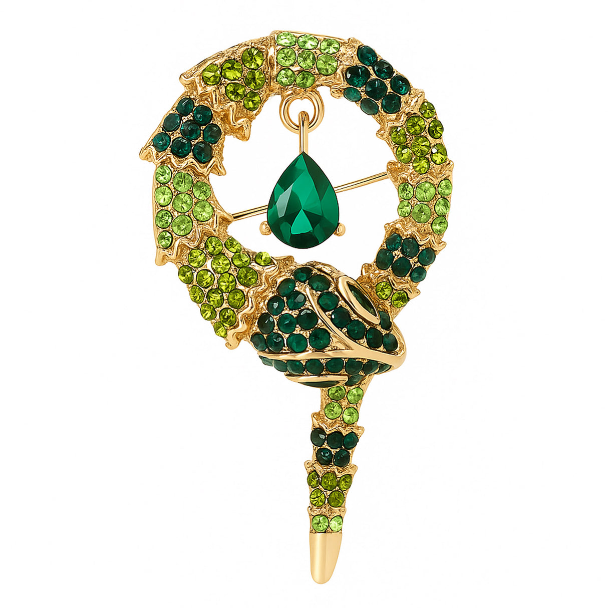 Snake brooch with gold-tone metal base, faceted stones in dark and light green tones, and green teardrop pendant, cutout on white.